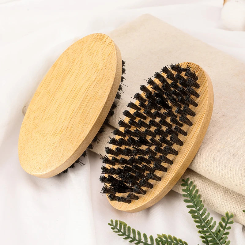 Skin-friendly Comfortable Soft Nylon Bristle Beard Brush Oval Shape Bamboo Wooden Handle Cleaning Shaving Brush for Beard Care
