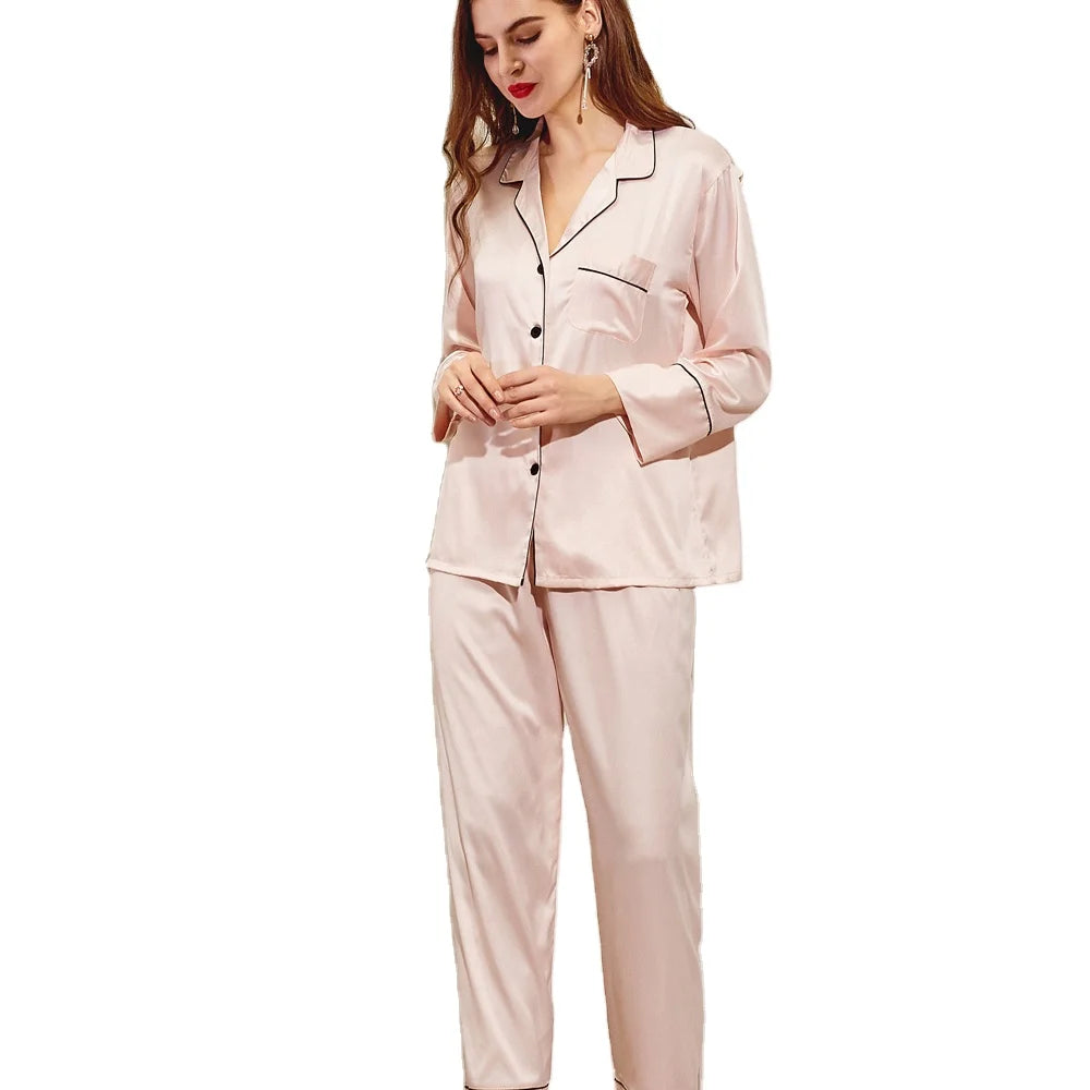 Fung 6001 Women's Plus Size Solid Simple Satin Robe Pajamas Set with Long Pants-Customizable