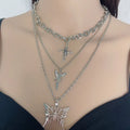 Women's Vintage Vintage Diamond-Hollow Multilayer Butterfly Rose Chain Pendant Necklace for Anniversary Occasions