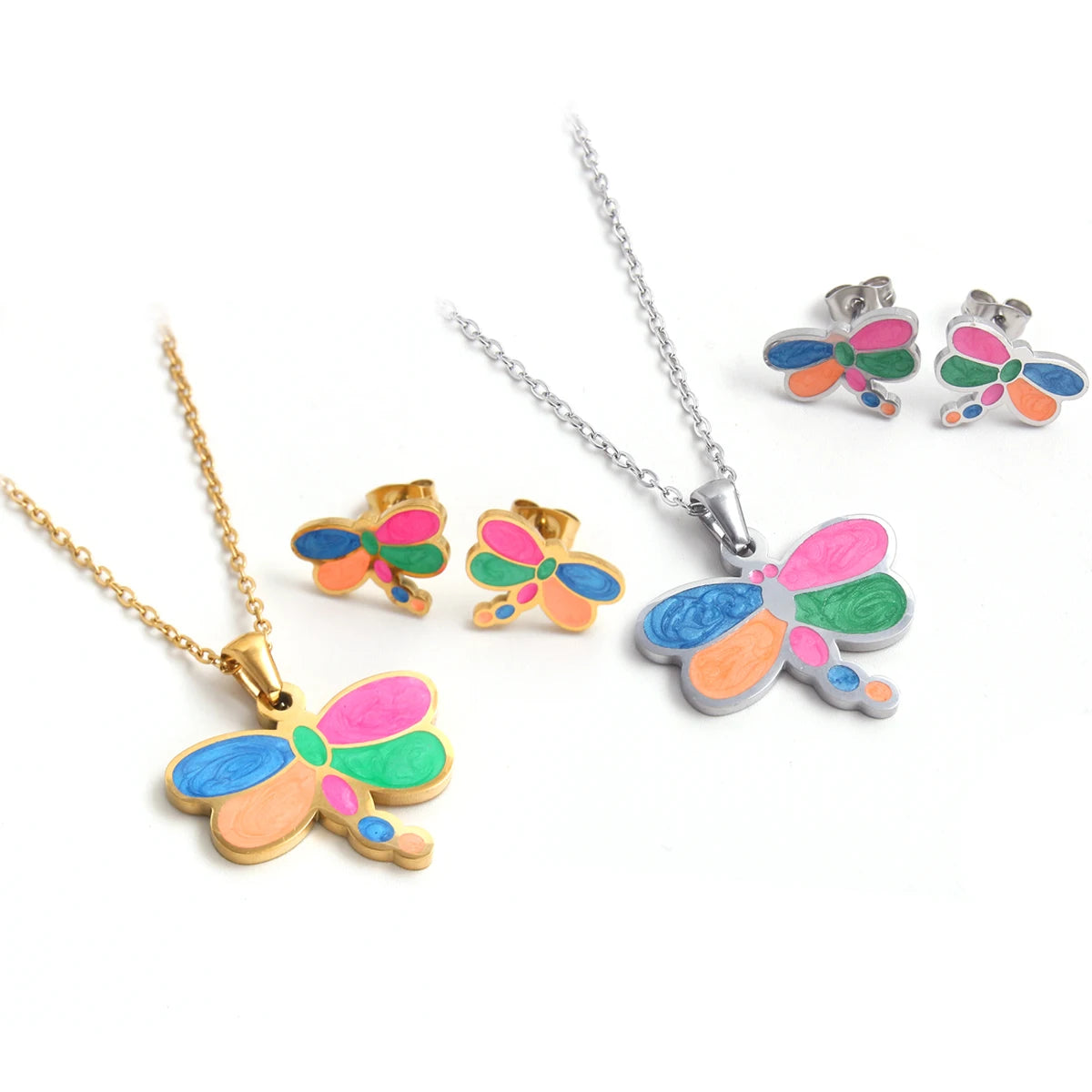 Cartoon 18K Gold Pated Colorful Dragonfly Pendant Necklace Earrings Dripping Oil Stainless Steel Animal Kid Jewelry Set for Girl