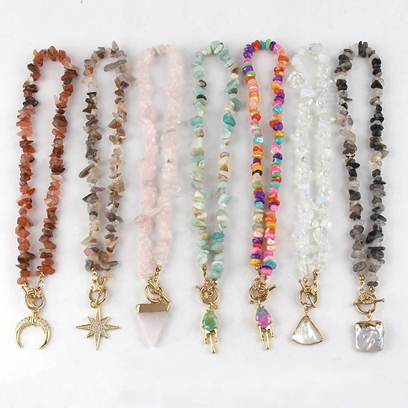 Fashion Bohemian Women Jewelry  Irregular Natural Stone Necklace Zircon Moon Star Shell Charm Choker Necklace
