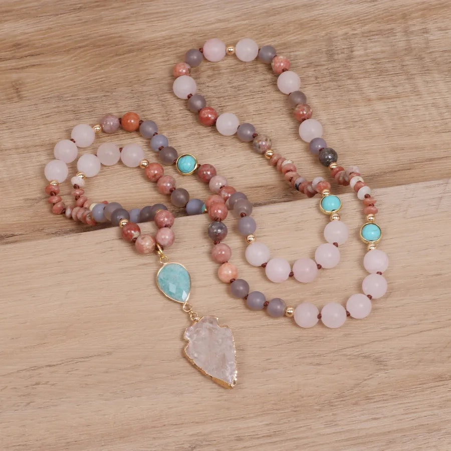 Hot Selling Boho Healing Yoga Rose Crystal Arrow Pendant Natural Multi Raw Quartz 108 Beads Mala Necklace for Weddings Gifts