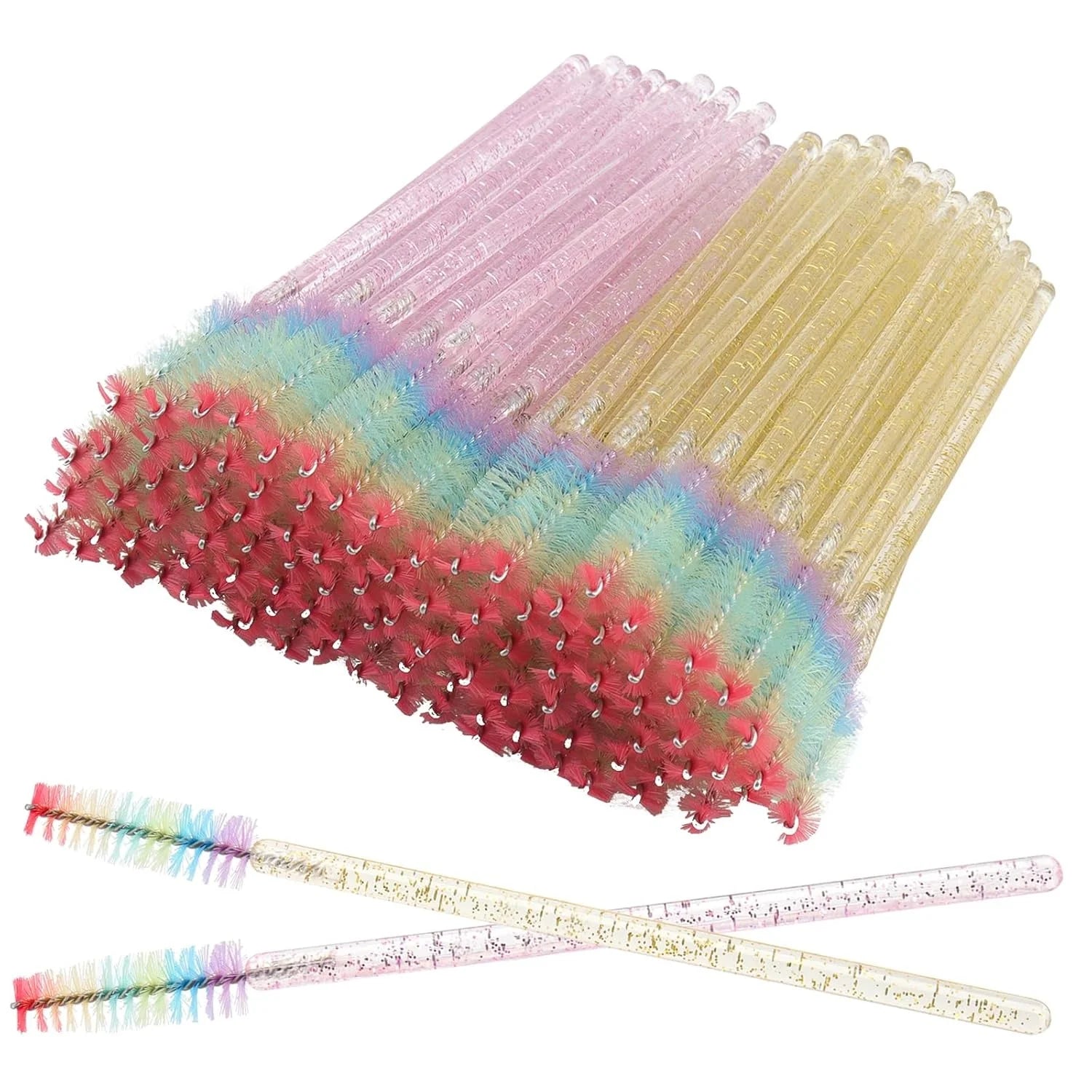 100 Pcs Crystal Spoolies Mascara Wand Eyelashes Brushes for Eyebrow Eye Lash Extension in Colorful Handle