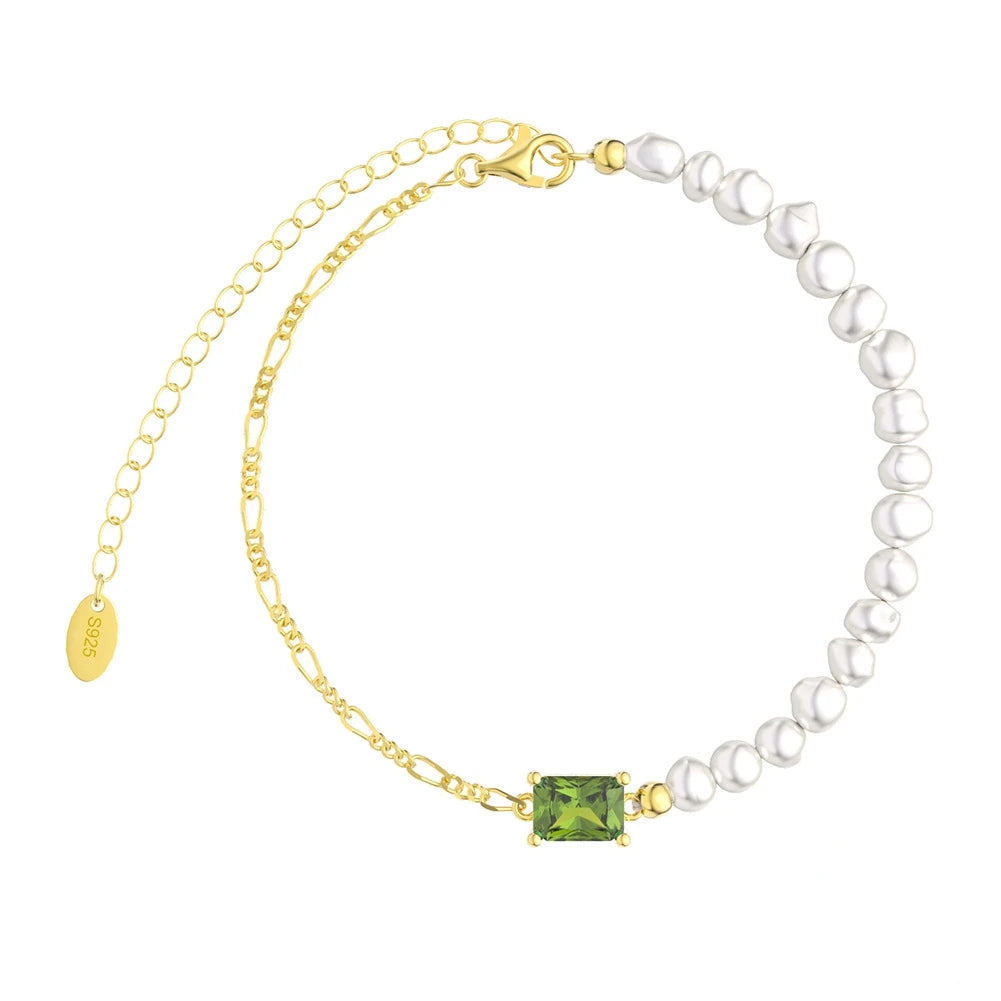 925 Sterling Silver Octogan Color Zirconia Bracelet Gold Plated Rhodium Bangle Tarnish Free Jewelry With Fresh Water Pearl Girls