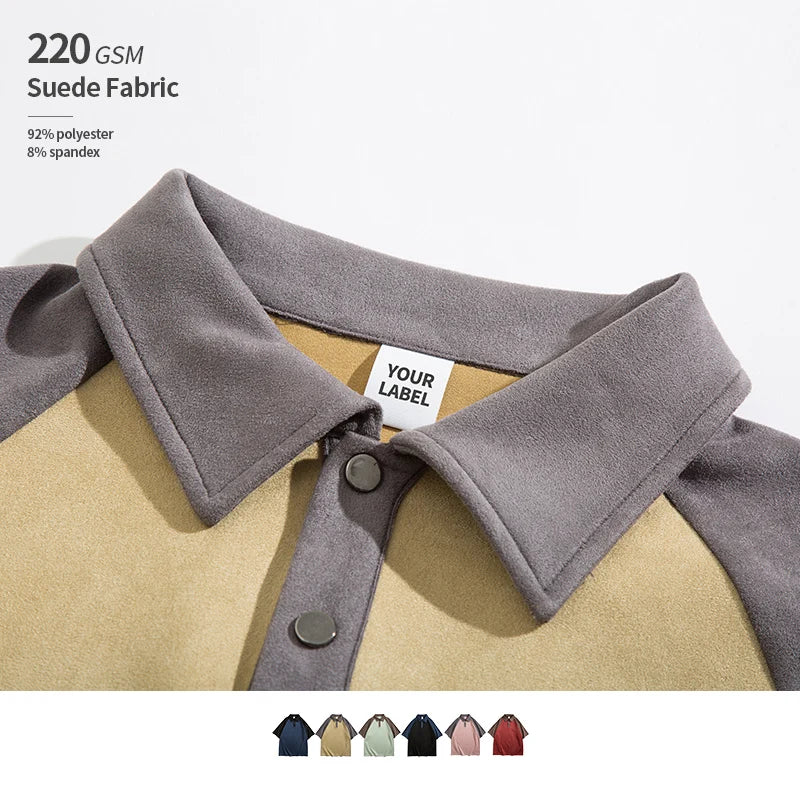 Suede 220 GSM High Quality 8% Spandex 92% Polyester Loose Style Metal Buttons Custom Logo Suede T Shirt Polo