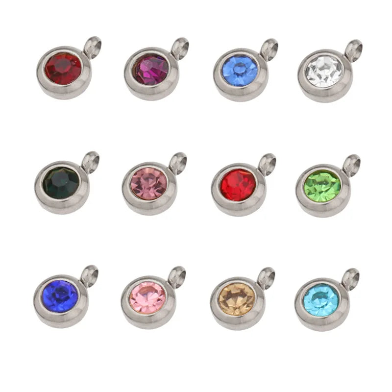 6.5MM Round Shape Stainless Steel 12 Month Birth Color Round Crystal Pendant Charm
