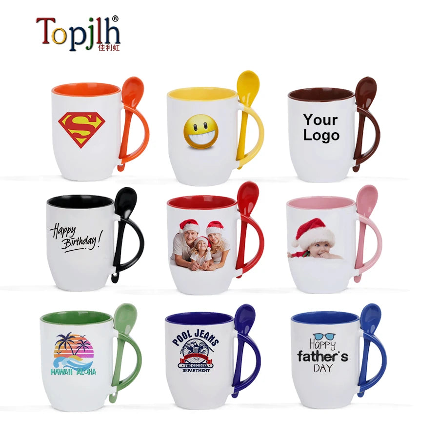 Topjlh 12oz Ceramic Coffee Mugs with Spoon Sublimation White for Beer & Tea Individual Foam Box for Mother's Day Gift