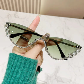 New Classic Personalized Frameless Cat Eye Design Diamond Luxury Sunglasses Women High Quality Bling Shades Custom logo