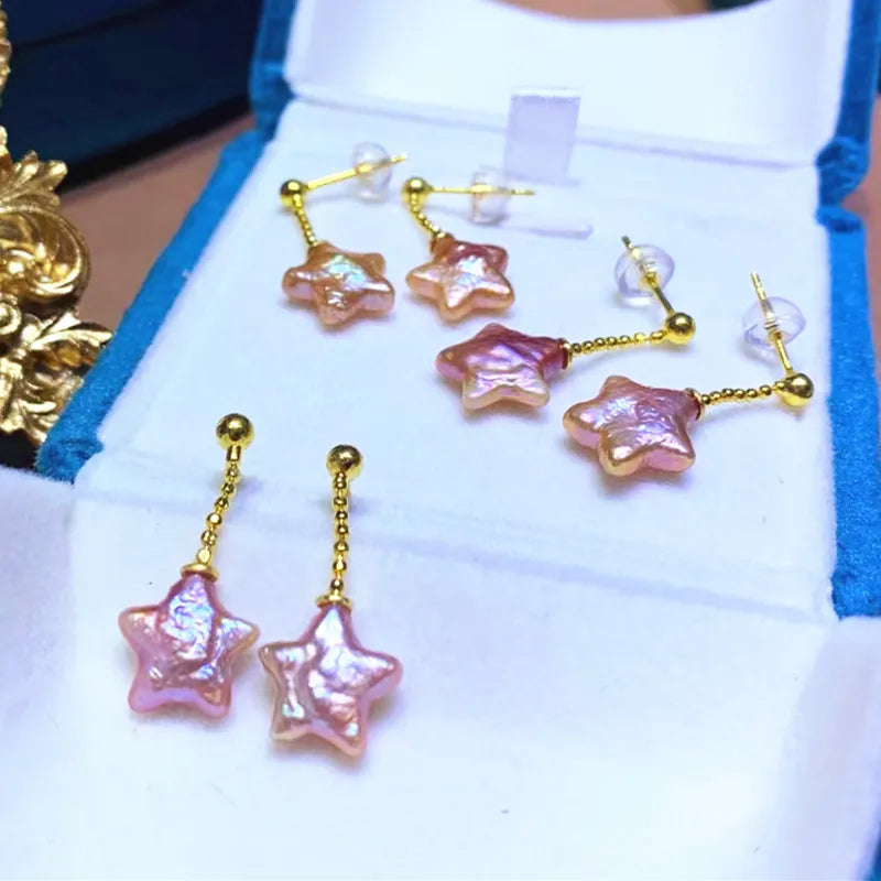 Tianmeng Women's Casual/Sporty Silver Plated Star Shape pink Cultured Real Freshwater Pearl Stud Earrings