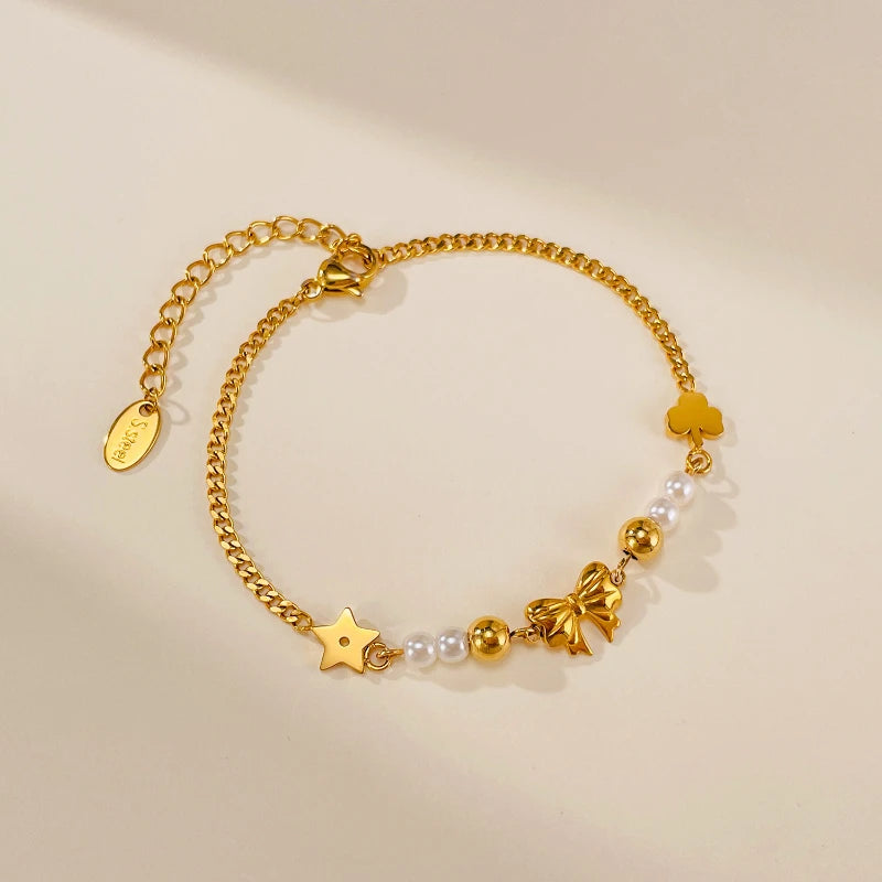 G4050 Wholesale Stainless Steel Simple Butterfly Charm Chain Bracelet for Lady Glue Bead Pearl Bracelets Fashion Jewelry