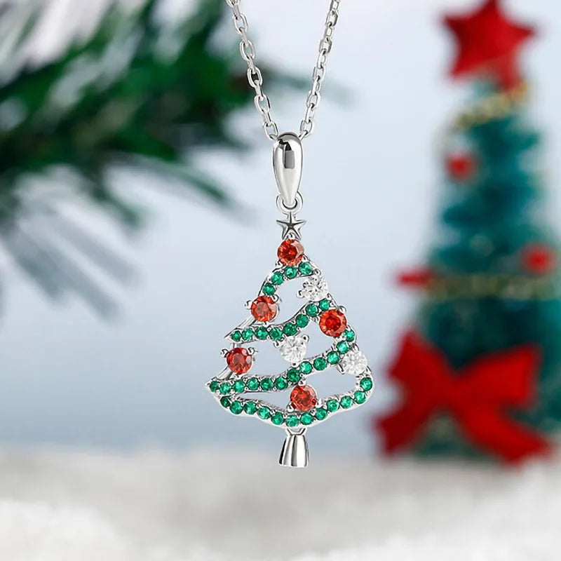 CAOSHI Exquisite Christmas Day Gift Multi Colors Crystal Cubic Zirconia Christmas Tree Design Women Trend Pendant Necklaces OEM