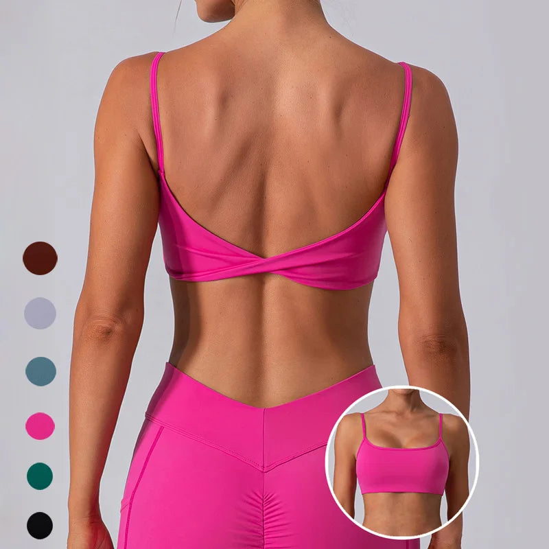 SHINEBENE Gym Workout Fitness Pilates Yoga Crop Tops Square Neck Back Twist Sports Bra for Women
