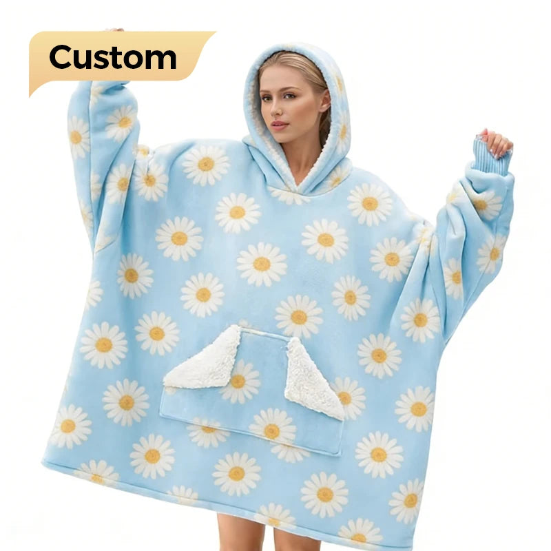 Wholesale Retail Warm Thick Winter 100% Polyester Customized Printed TV Blanket Wearable Blanket Hoodie