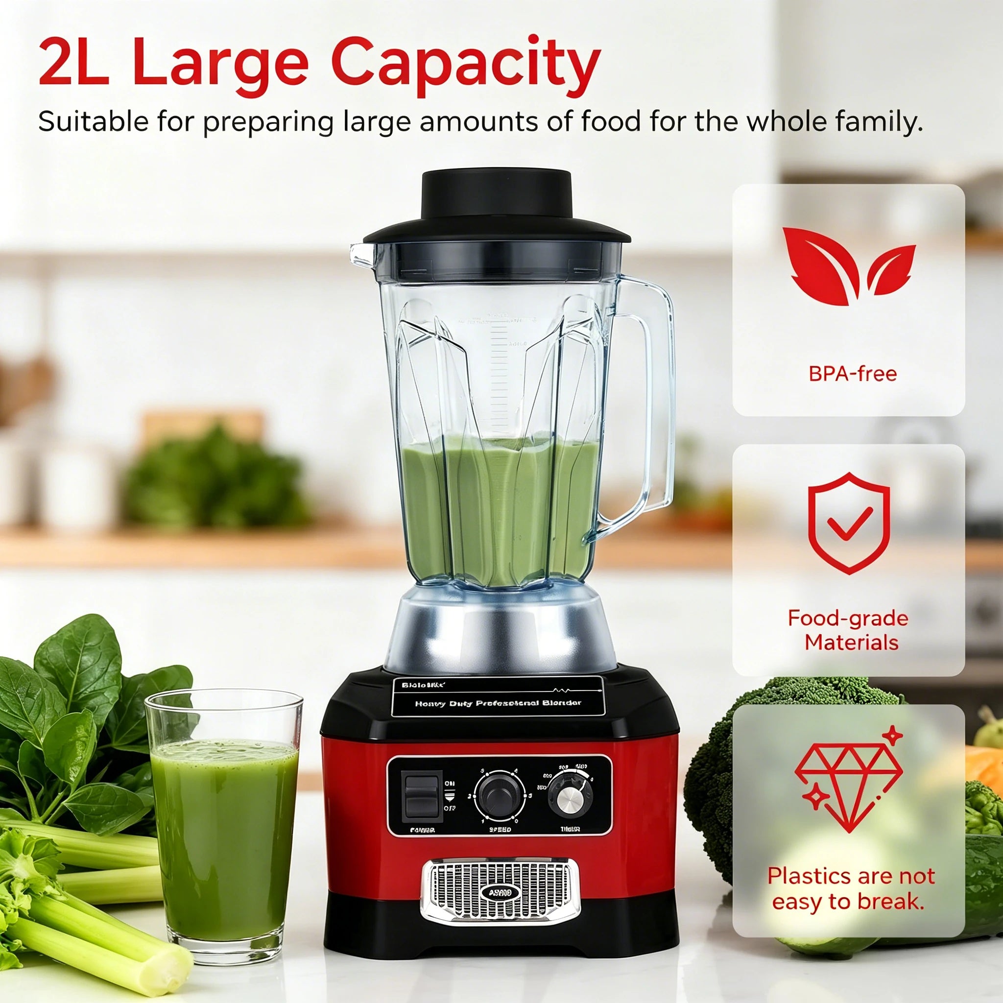 Professional Countertop Kitchen Blender Max 2200W High Power Timer Smoothie Cocktail Maker 1.8L Jar for Ice Crush Grind Soup