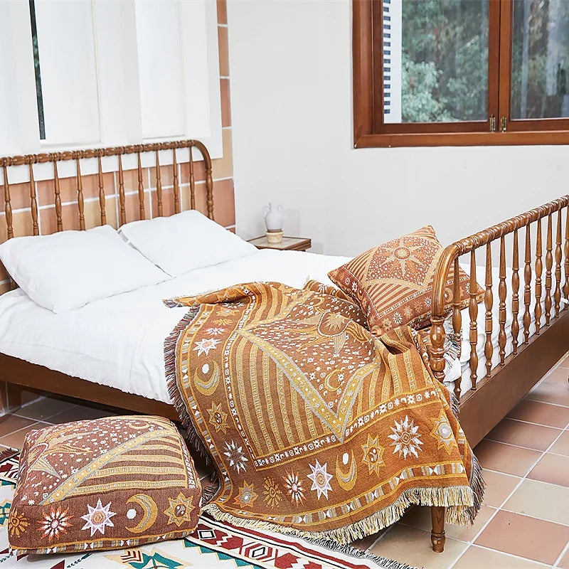 100%Cotton Boho Home Decor Queen Size Woven Blanket Sun and Moon  Tapestry Blankets Custom Throws Picnic Rugs