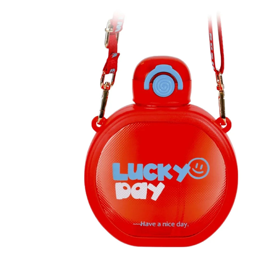 Cute Children's Plastic Flat Water Bottle with Straw Girls Crossbody Student Strap Kids School Bottles