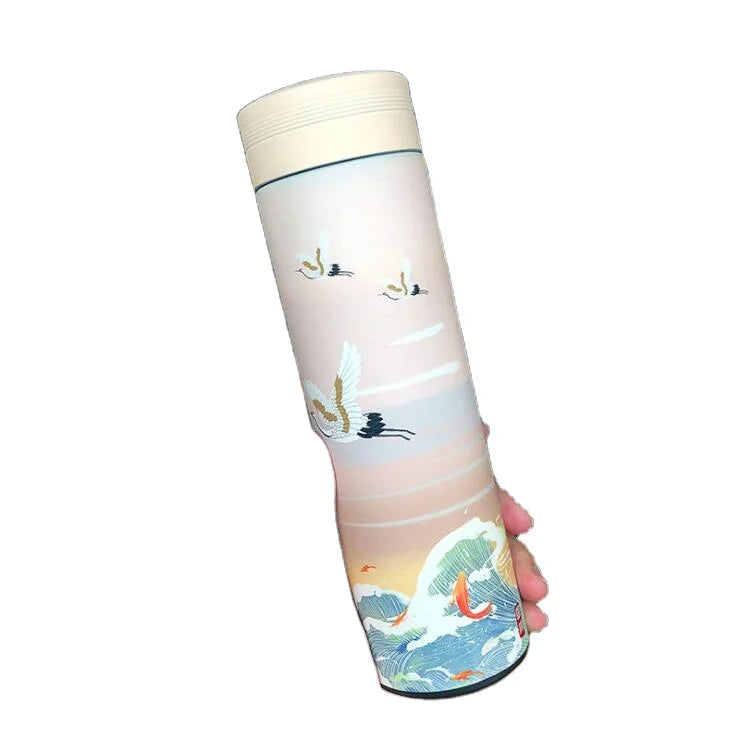Chinese Vintage Style 304 Stainless Steel Thermos Bottle 500ml Vacuum Flask Temperature Display Portable Water Flask 12-24 Hours