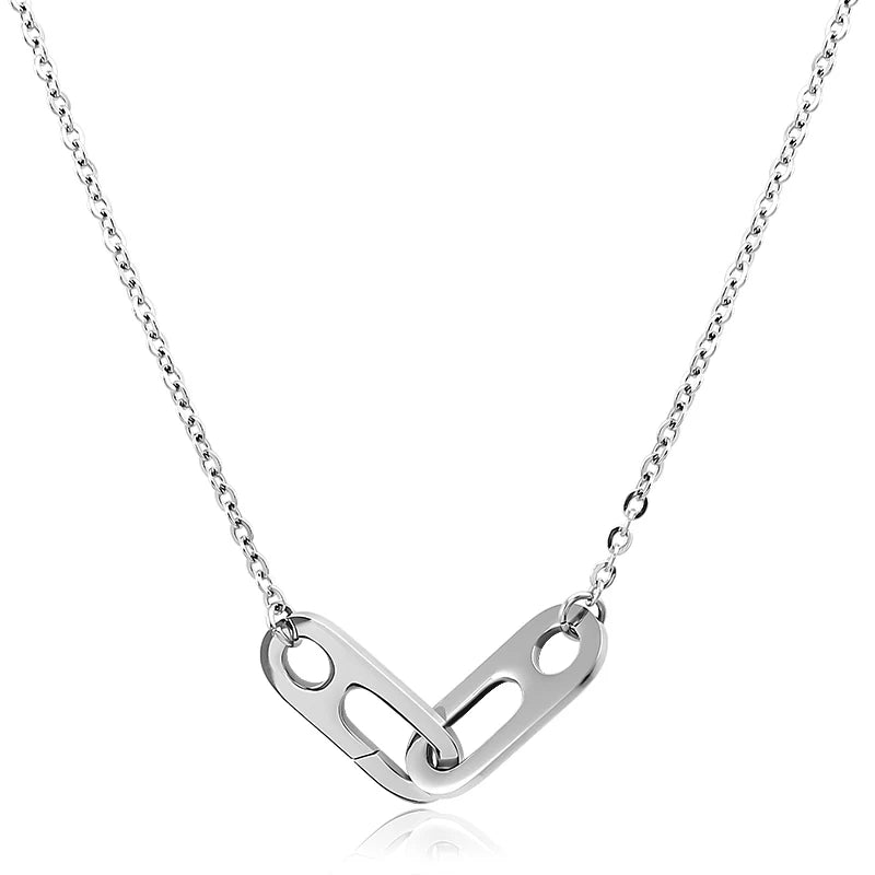 Classic Stainless Steel Necklace for Women Man Rolo Chain Silver Double Oval Lock Crossed Charm Pendant Necklace Choker