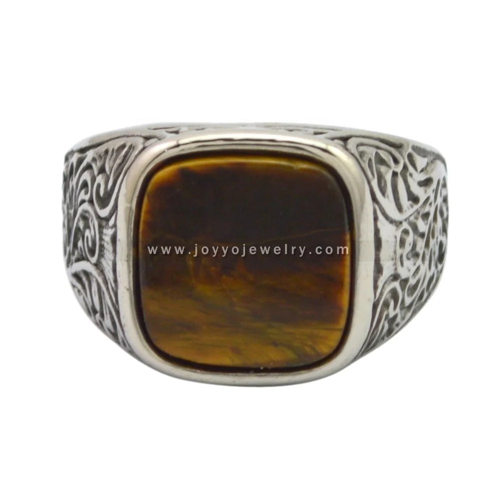 Cuban Style Custom Stainless Steel Antique Silver Plated Natural tiger Eye Stone square Agate Rings