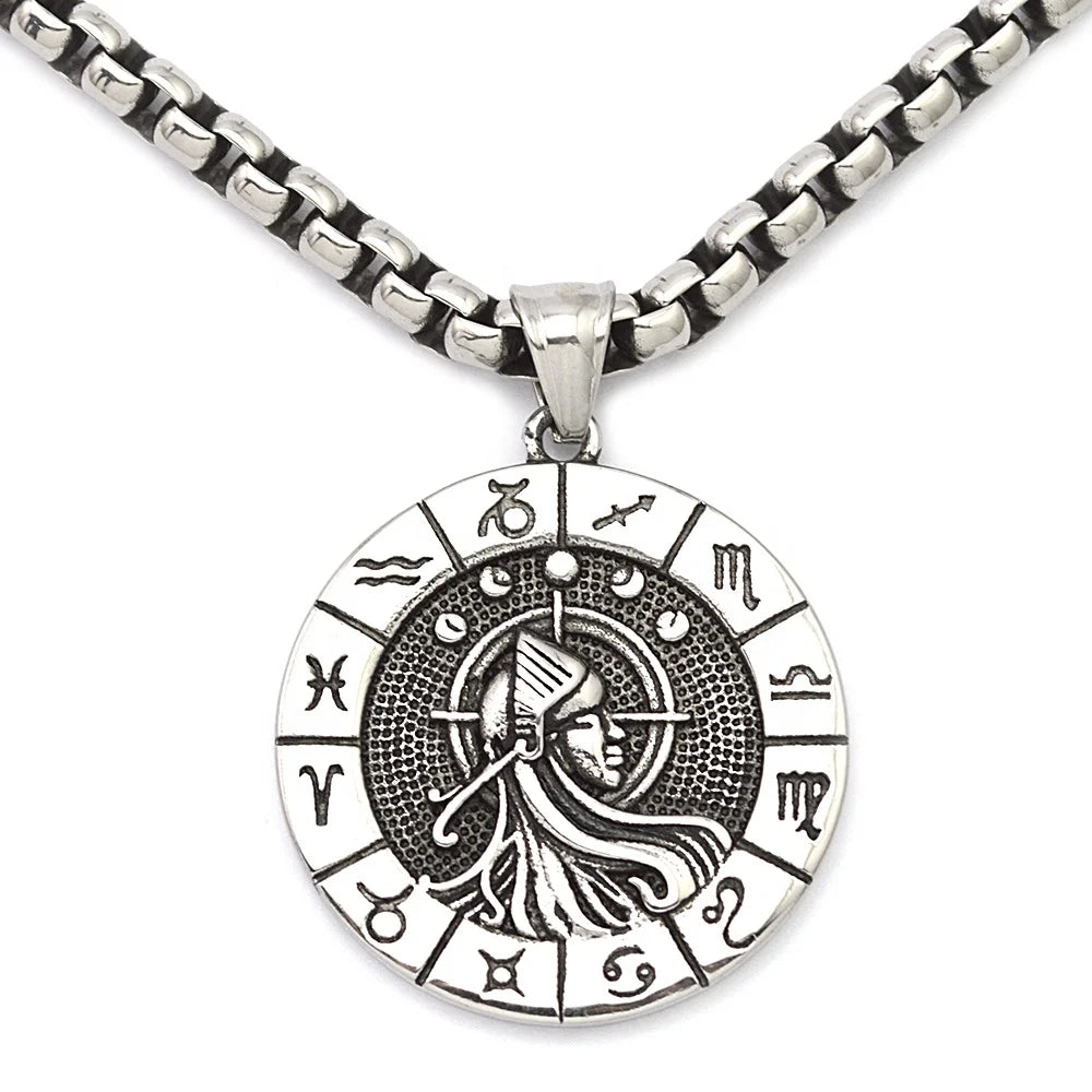 Wholesale New Trendy High Quality Customized Vintage Silver Beads Vertical Pendant Jewelry Stainless Steel Zodiac Necklace