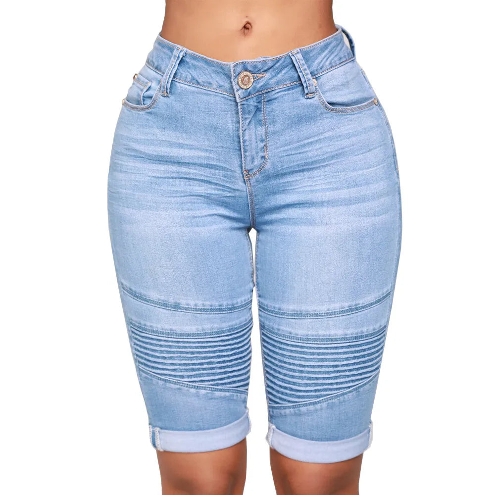 Women's High Waist Blue Denim Motorcycle Stretch Bermuda Shorts Casual Summer Pencil Pants Light Wash Logo Waist Woven Jeans