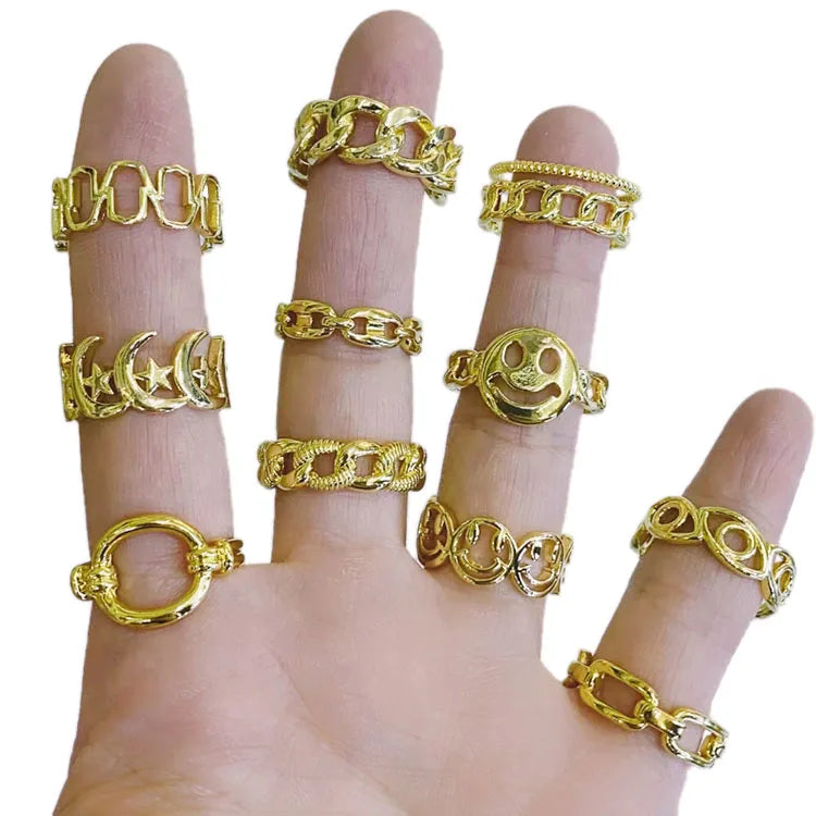 RA1092 Plain 18K Gold Silver Plated  Saturn Evil Eyes Hamsa Hand Crescent Moon and Star Celestial Open Rings for Women