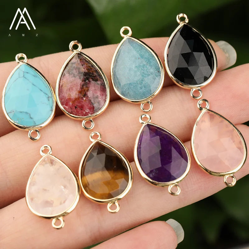 Children's Classic Pear Shape Crystal Connectors Gold Charm Natural Gemstone Teardrop Pendants DIY Jewelry