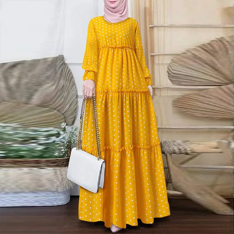 S-XXL Bohemian Dot Printed Muslim Dress Casual Elegant Robe Festival Party Ruffled Robe