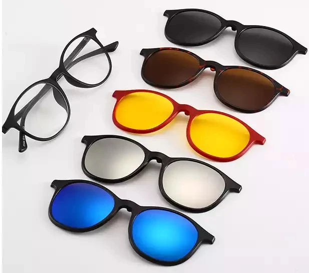 5 in 1 Magnetic Clip on Glasses Optical Square Night Vision Polarized Sunglasses