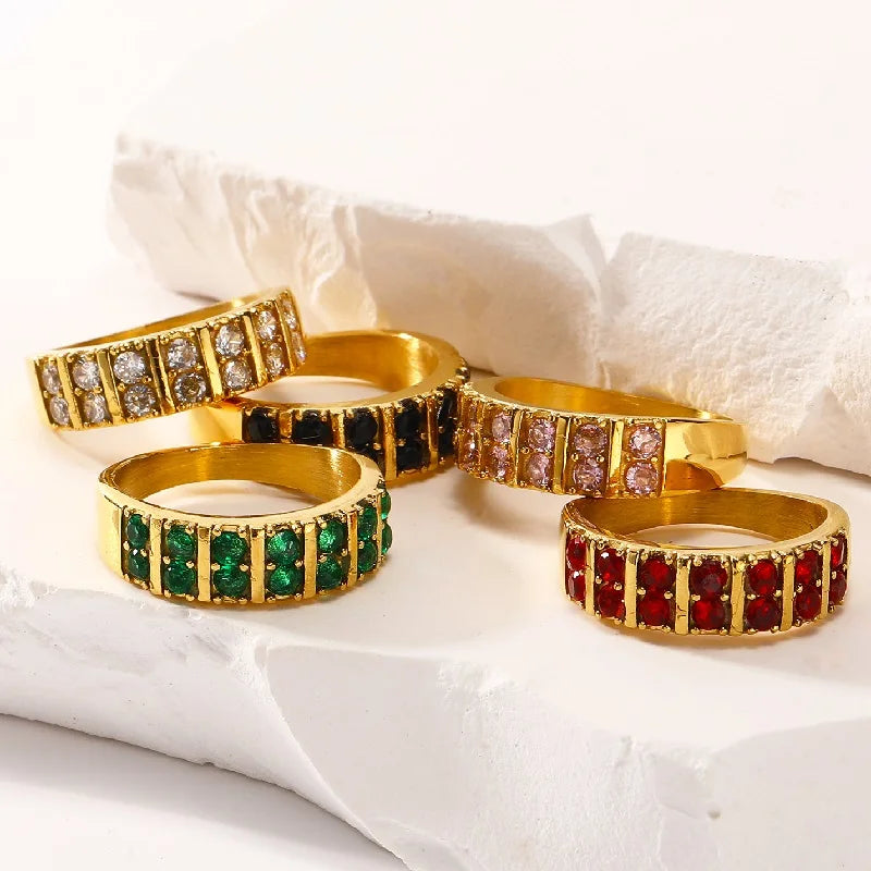 High End Fashion Waterproof Jewelry 18k Gold Plated Stainless Steel Ring Double Layer Multicolor Geometric Zircon Ring