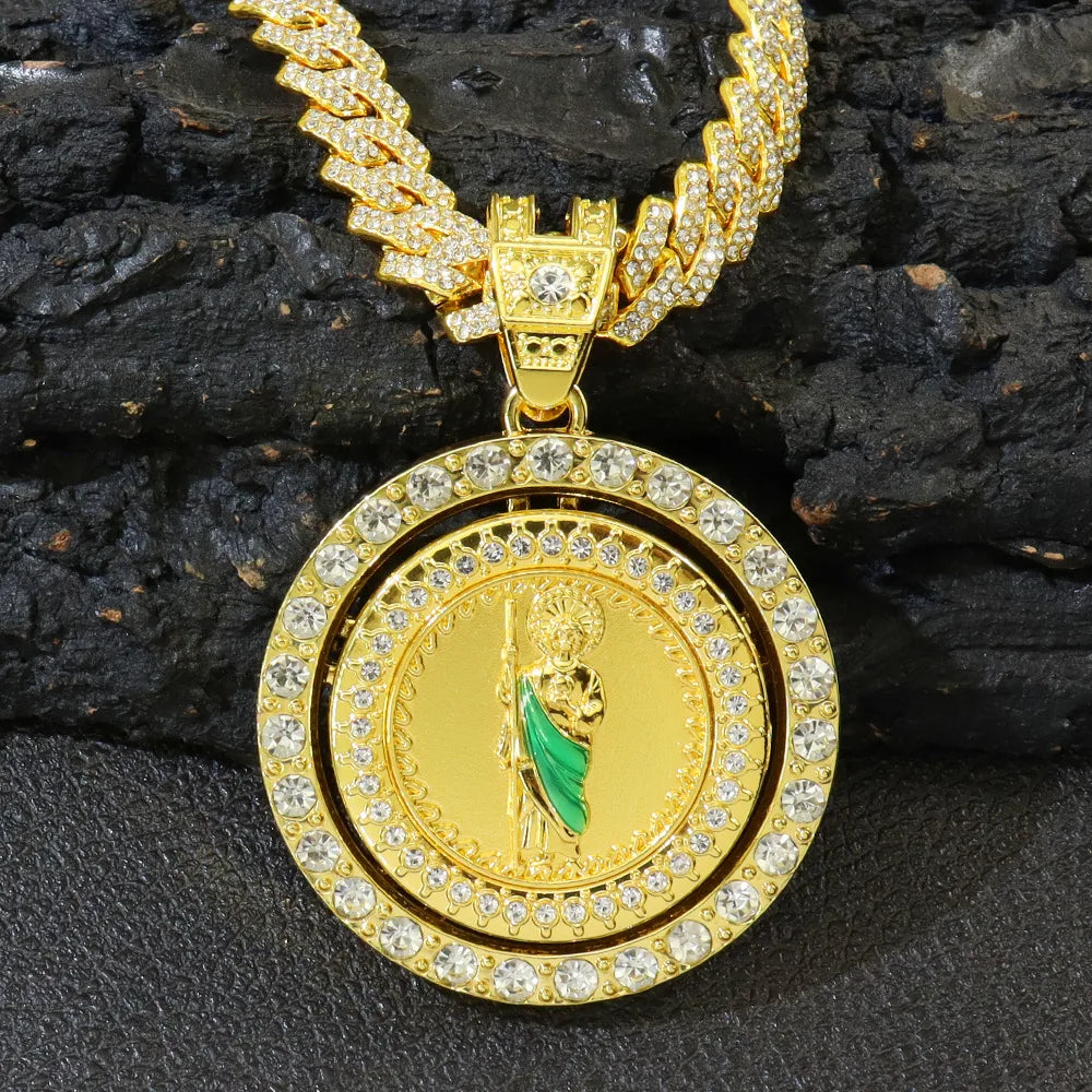 Rotatable Religious Saint Jude Idol Pendant Necklace with Diamond Cuban Chain Hipster Hip Hop Style Alloy and Zircon Jewelry