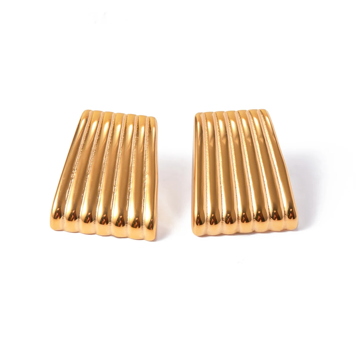 J&D Chunky Jewelry 18K Gold Plated Texture Earrings Statement Stainless Steel Rectangular Vertical Stripe Earring