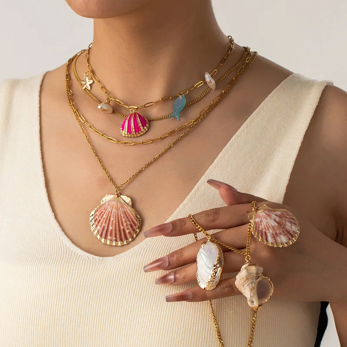 Summer Beach Style Multi Layer Stainless Steel Cute Fish Starfish Exaggerated Big Shell Conch Necklace