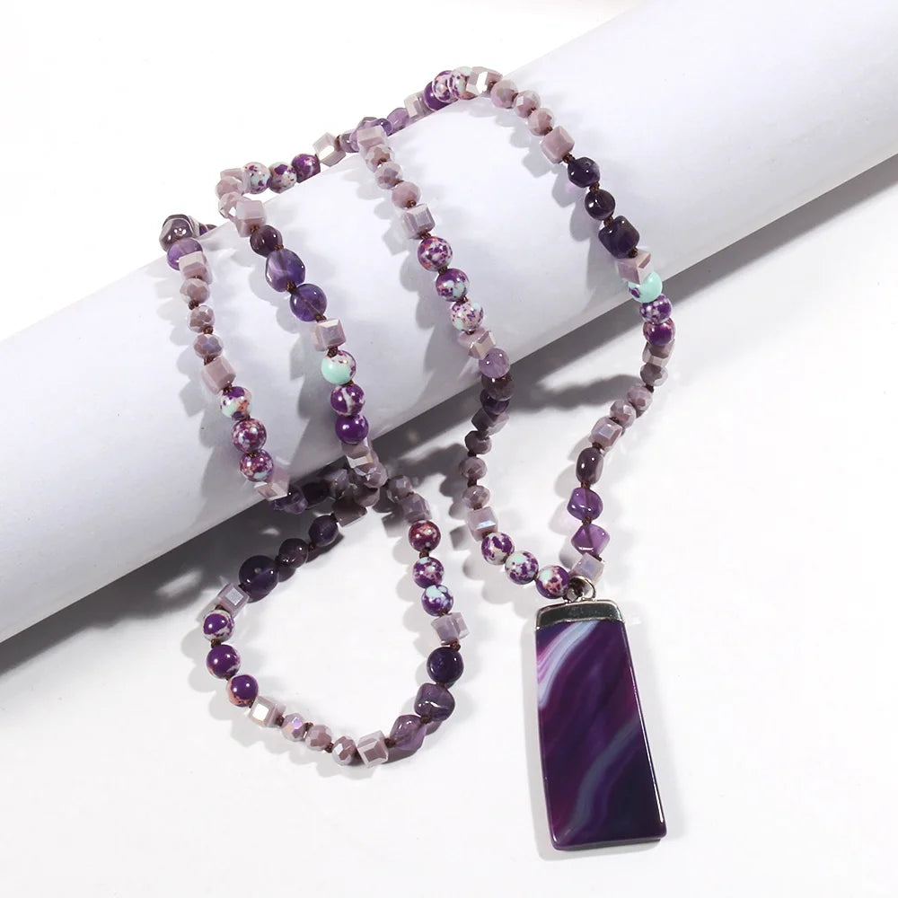 Fashion Bohemian Jewelry Necklace 6mm Crystal Glass Beads Gemstone Knotted Rectangle Agate Pendant Necklace