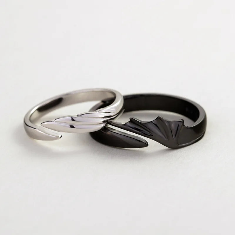 BASQUESUN Factory Wholesale Devil and Angel Couple Trendy Male Female Pair Open Fashion Simple Black and White Wings Ring