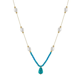 RINNTIN MPN02 Turquoise Beaded Gemstone Pendant with Natural Freshwater Pearl Adjustable 925 Sterling Silver Necklace Jewelry