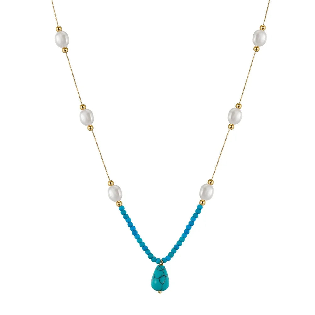 RINNTIN MPN02 Turquoise Beaded Gemstone Pendant with Natural Freshwater Pearl Adjustable 925 Sterling Silver Necklace Jewelry