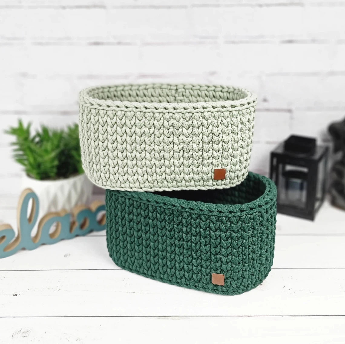 Customized Cotton Crochet Storage Basket Set Modern Rectangle Shape Various Sizes and Colors