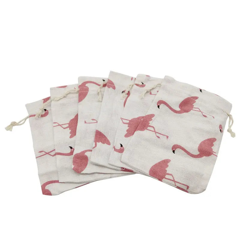 White Base Flamingo Print Cotton Linen Drawstring Bag Sachet Packaging Bag Gift Storage Pouch Sachet Empty Bag