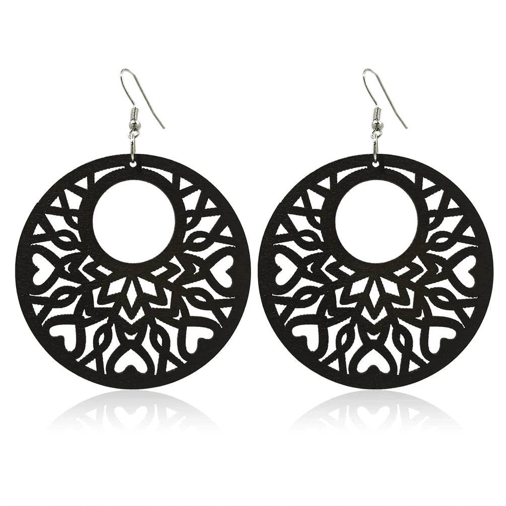 Cross border Hot selling Handmade Wooden Earrings Fashion Hollow Out Wood Drop Earrings Bohemian Pendant Earrings