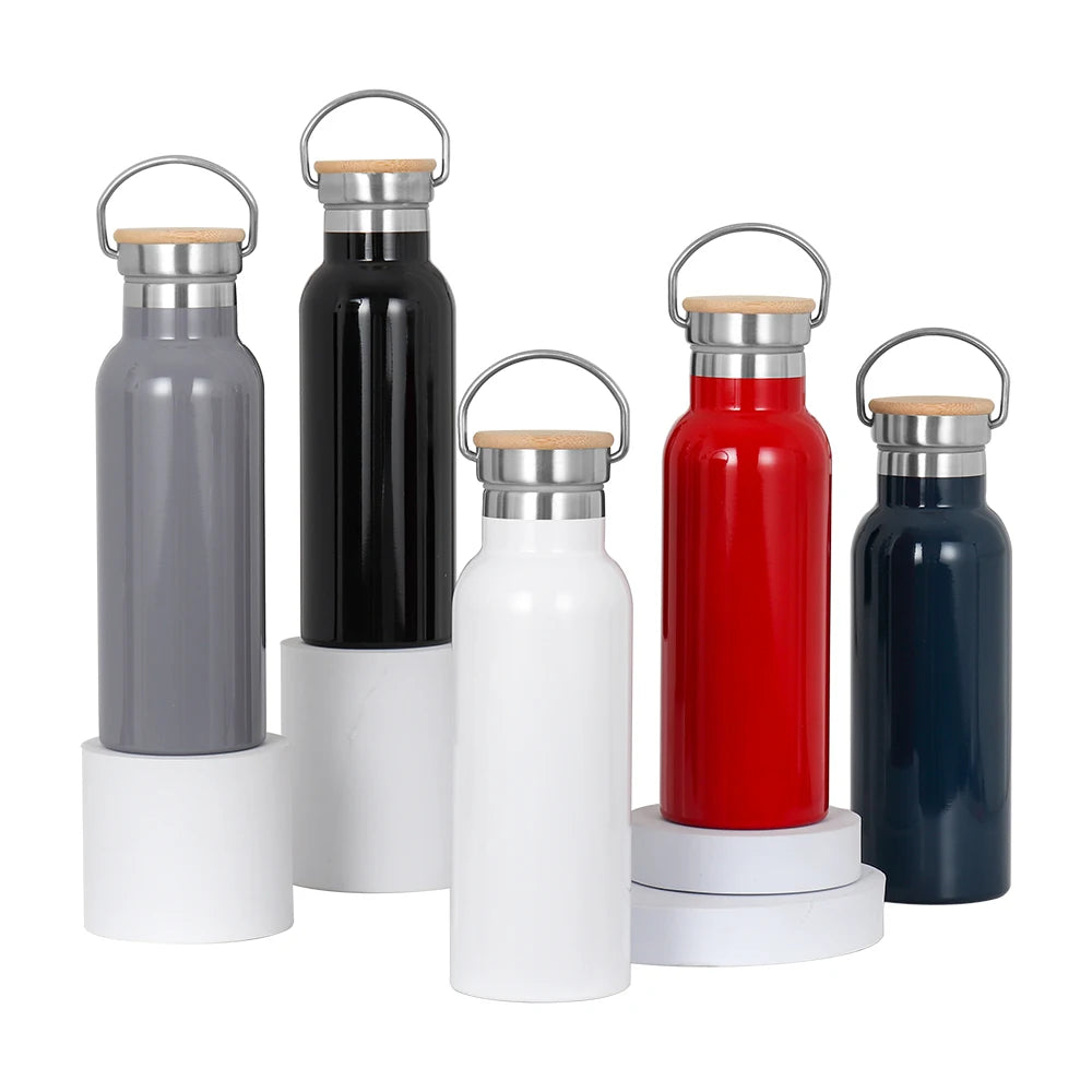 Custom Logo Sport Stainless Steel Insulated Bamboo Top Lid Eco-Friendly Camping Business Gifts Vacuum Flask Water Bottle