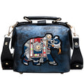 Fashion Retro Embroidery Elephant Wide Shoulder Strap Literary Pu Leather Handbags Messenger Bag