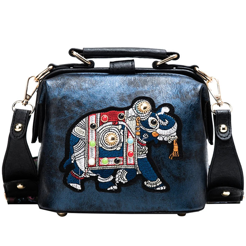 Fashion Retro Embroidery Elephant Wide Shoulder Strap Literary Pu Leather Handbags Messenger Bag