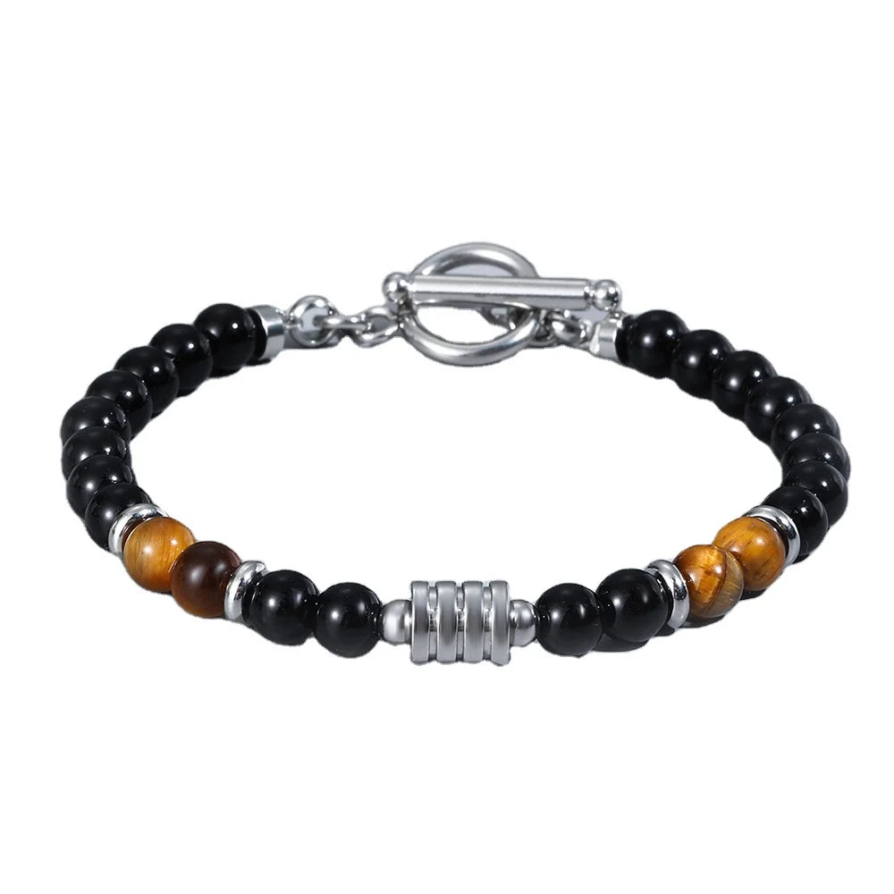 Men's Stylish Personalized Stainless Steel OT Buckle Bracelet Hip-Hop Beaded Accessory Tiger Eye Pearl Stone Fashionable Bangles