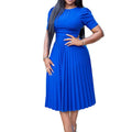 RNSHANGER Summer Women O Neck Dress Fashion Short Sleeved Pleated Solid Color Plus Size S-3XL Loose Dress for Women