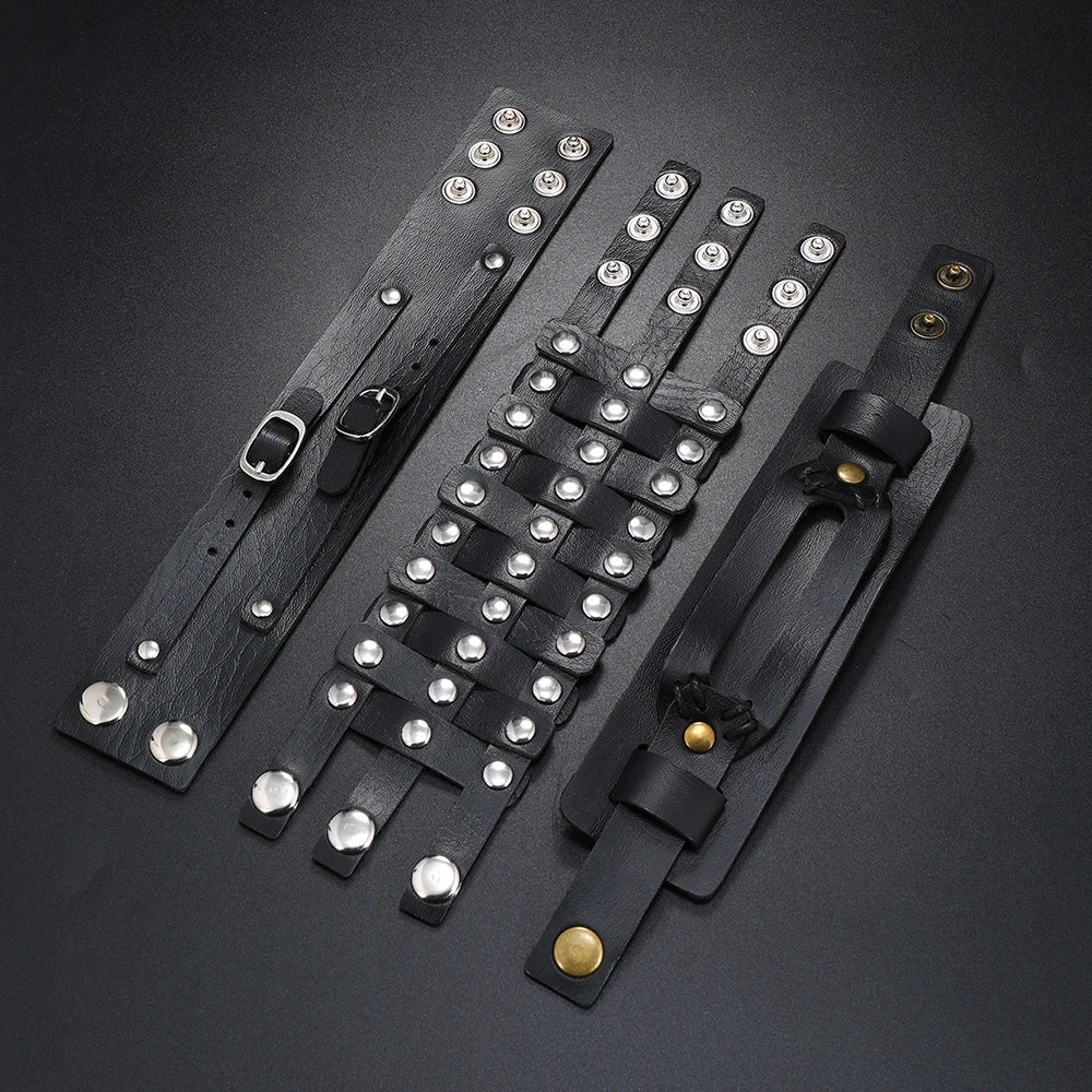 Wholesale 3-Pcs Punk Rock and Hip-Hop Decorative Rivets Leather Bracelets Customizable OEM Men's Fashion Bangles