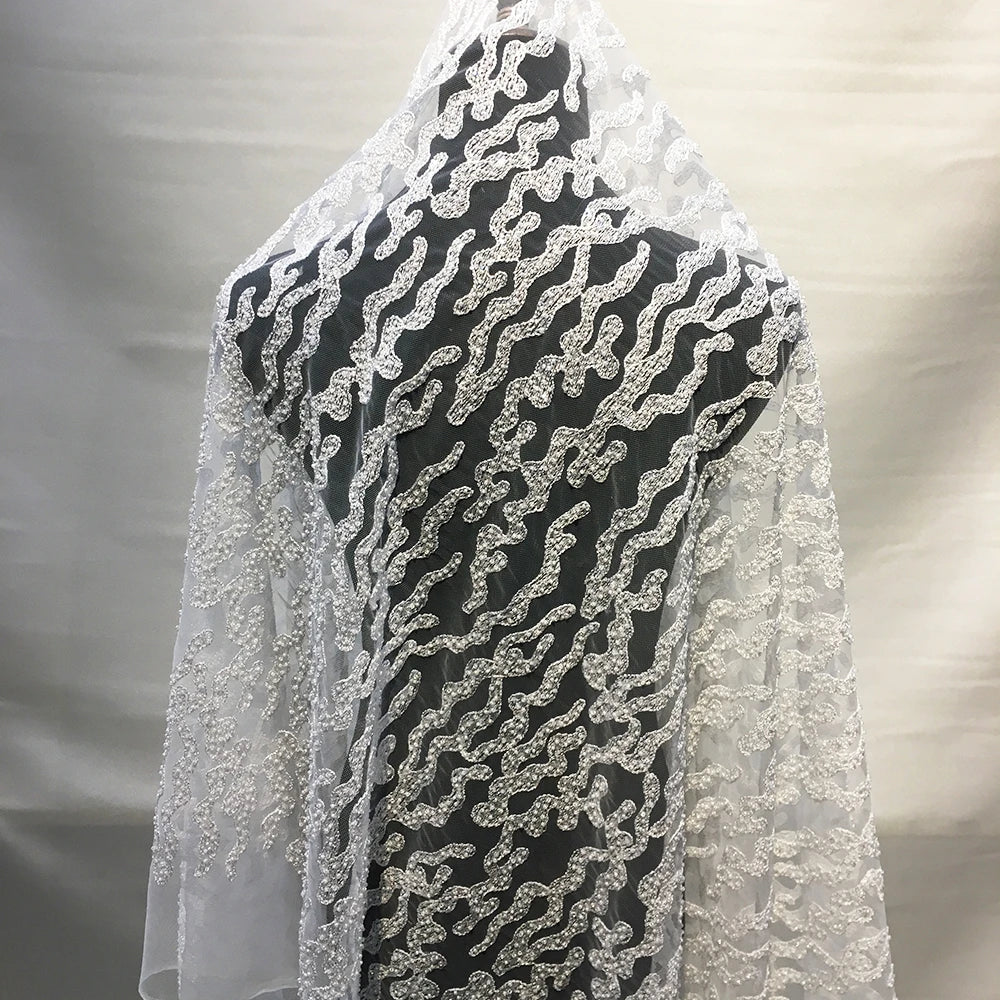Good Quality Ivory White Embroidery Lace Fabric With Beads Beautiful French Wedding Dress Lace