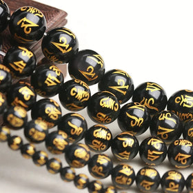 Factory Wholesale Healing Crystal Loose Gemstone Round Bead Gold Fold Natural Stone Black Onyx Agate Six Character Mantra Beads