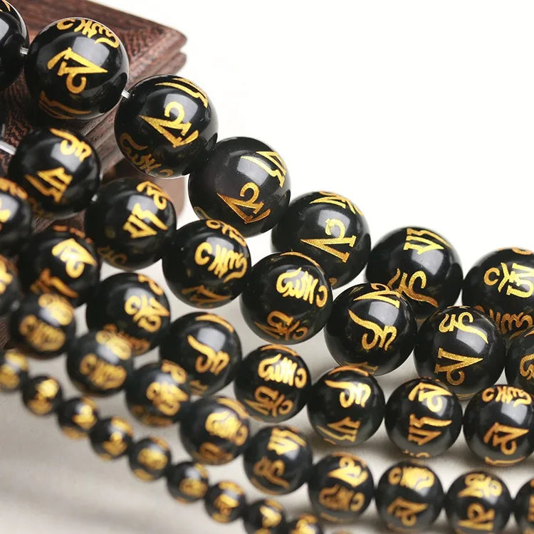 Factory Wholesale Healing Crystal Loose Gemstone Round Bead Gold Fold Natural Stone Black Onyx Agate Six Character Mantra Beads