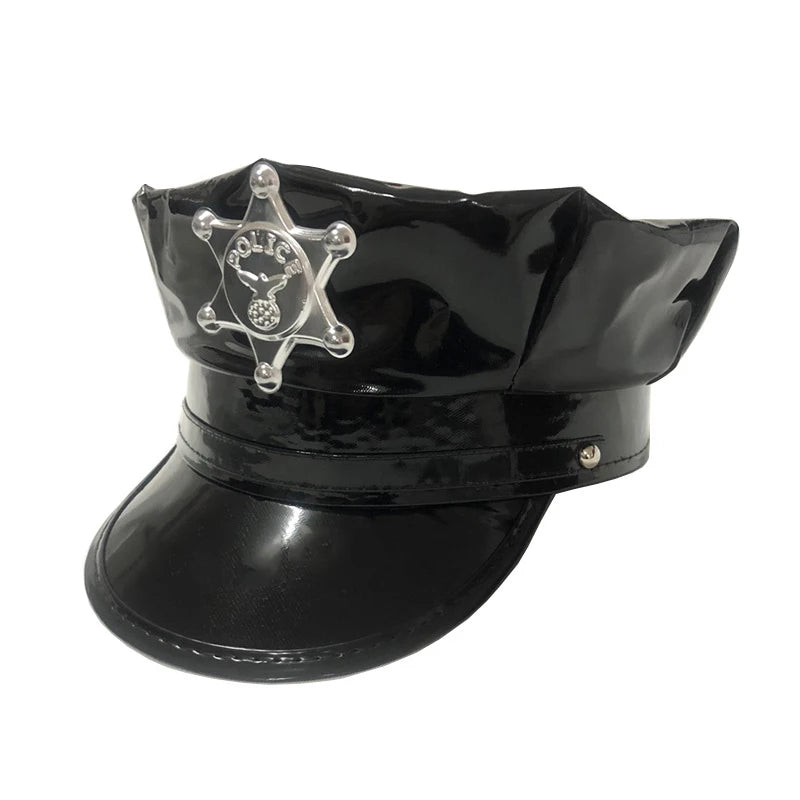 Milish SH-1070 Striped Adult Captain Officer Party Hat Cap Black PU Leather Made Polyester Custom Logo Option Four Seasons Use